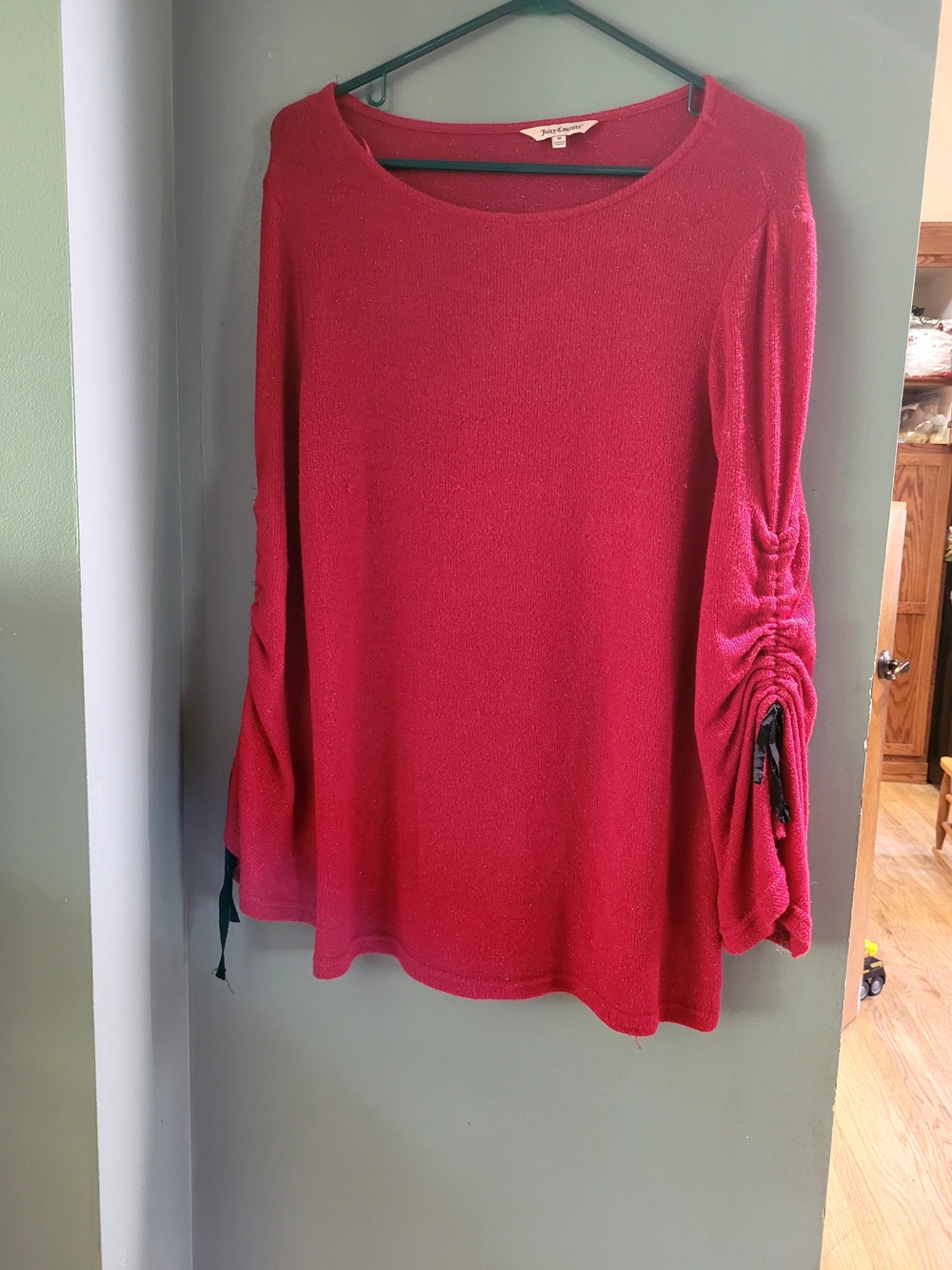 Juicy Couture Red Sparkly Long-Sleeve Ruched Sleeve Top
